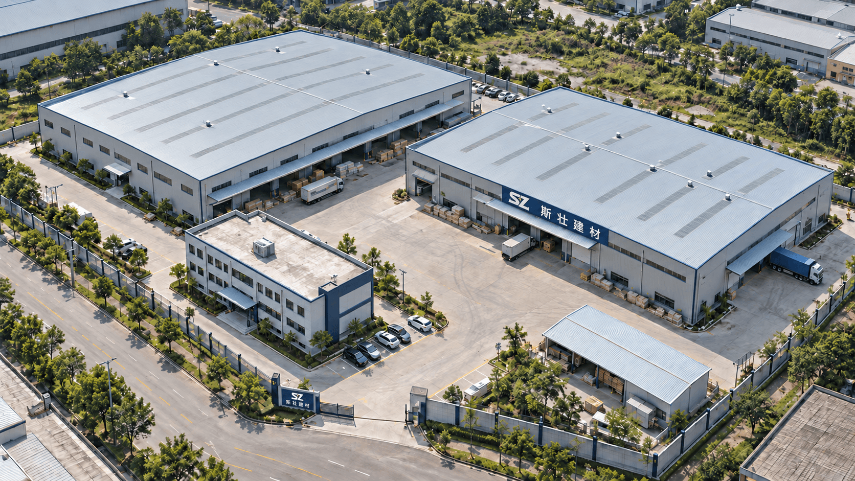 Factory concept aerial view with SZ STRONG BUILD branding