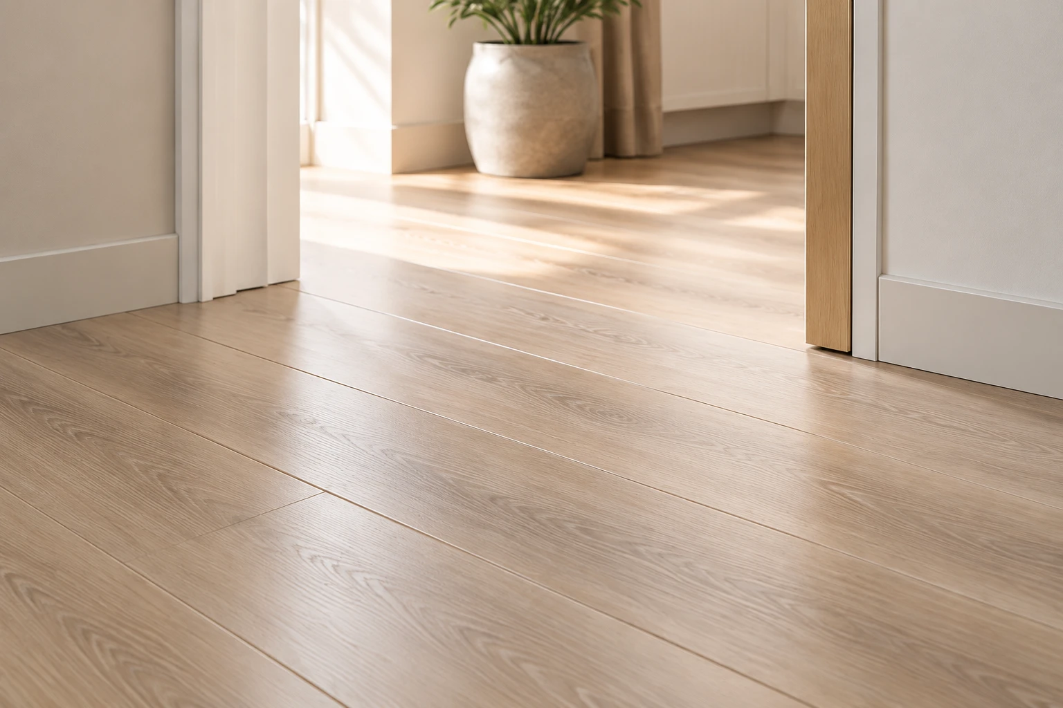 Light oak-look flooring laid flat through a warm ivory doorway