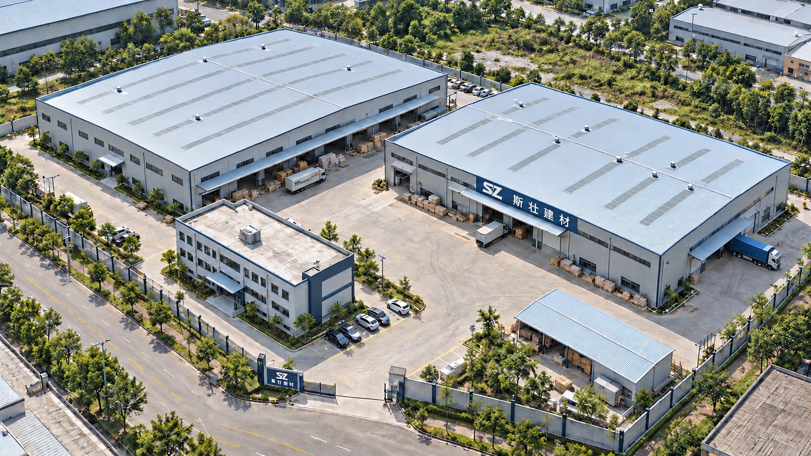 Concept aerial view of an industrial campus with SZ Strong Build branding