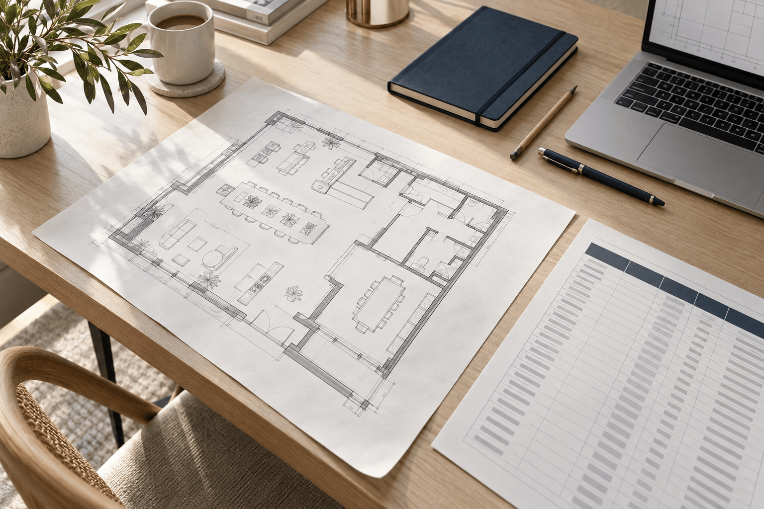 Project floor plan and organized procurement schedule on a natural oak desk