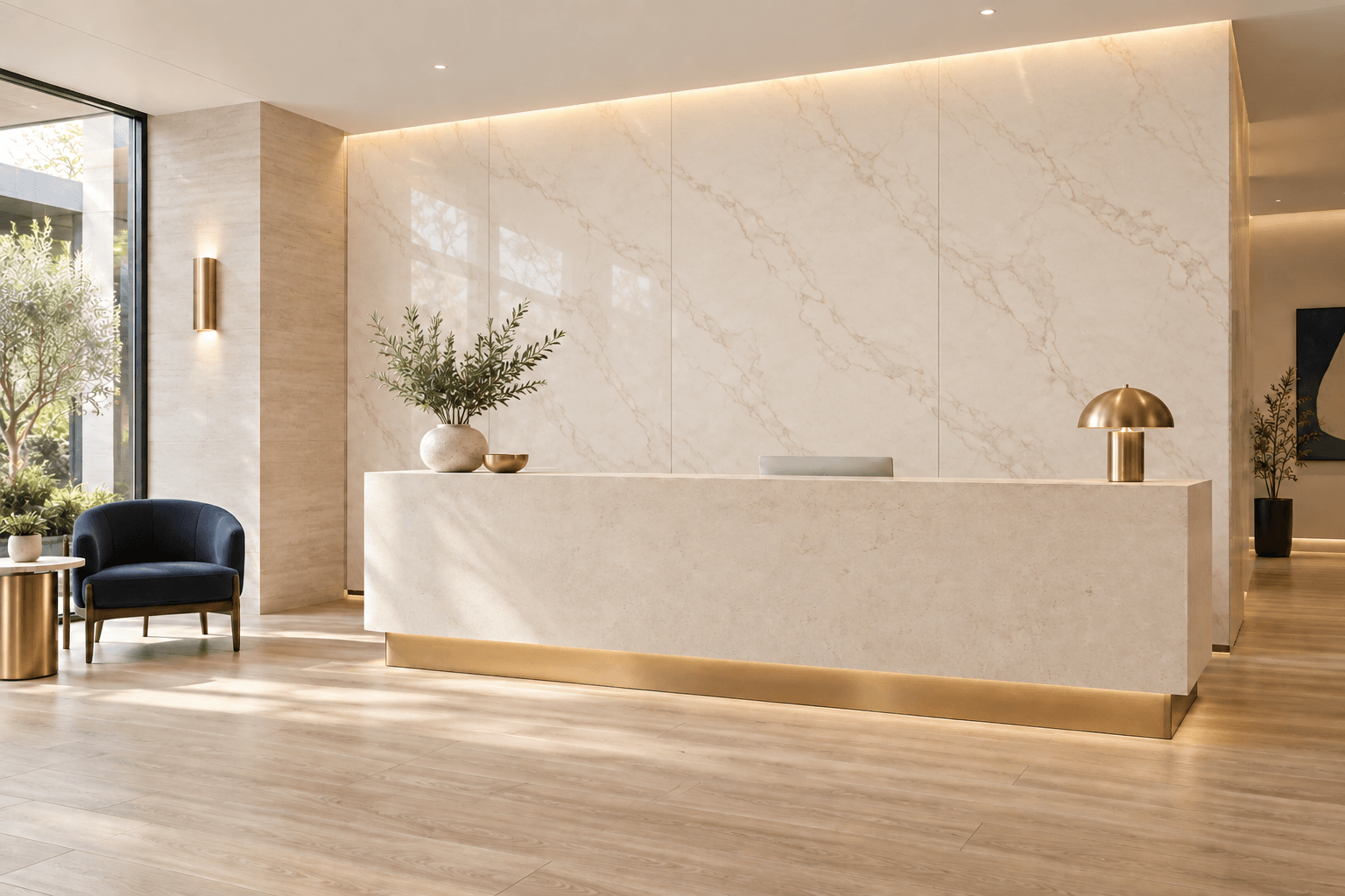 Boutique hotel reception featuring warm ivory marble-look UV wall panels