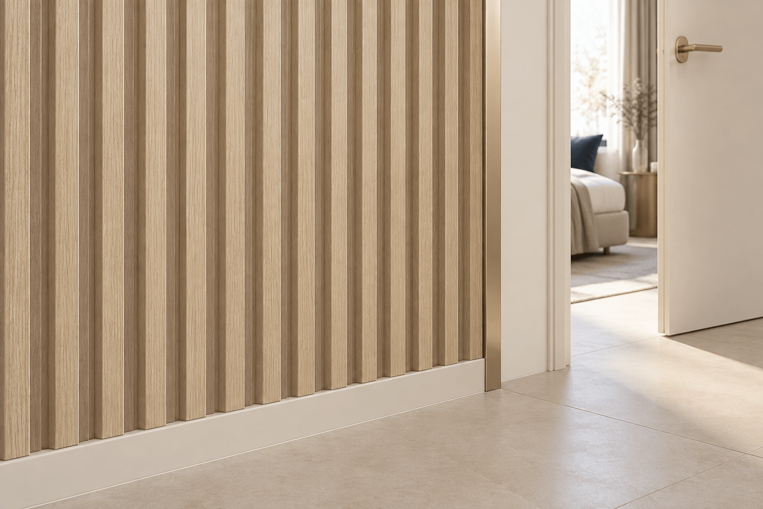 Oak fluted wall panel meeting an ivory doorway and clean skirting detail