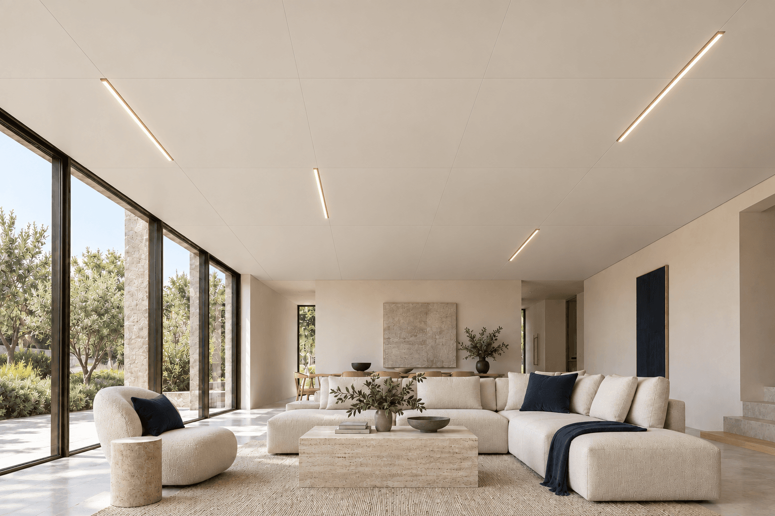 Warm white aluminium honeycomb ceiling panels with integrated linear lighting