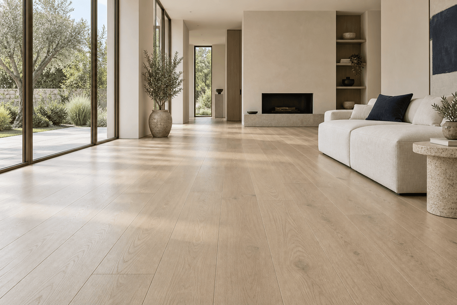 Light wood-look self-adhesive floor planks in a sunlit contemporary living room