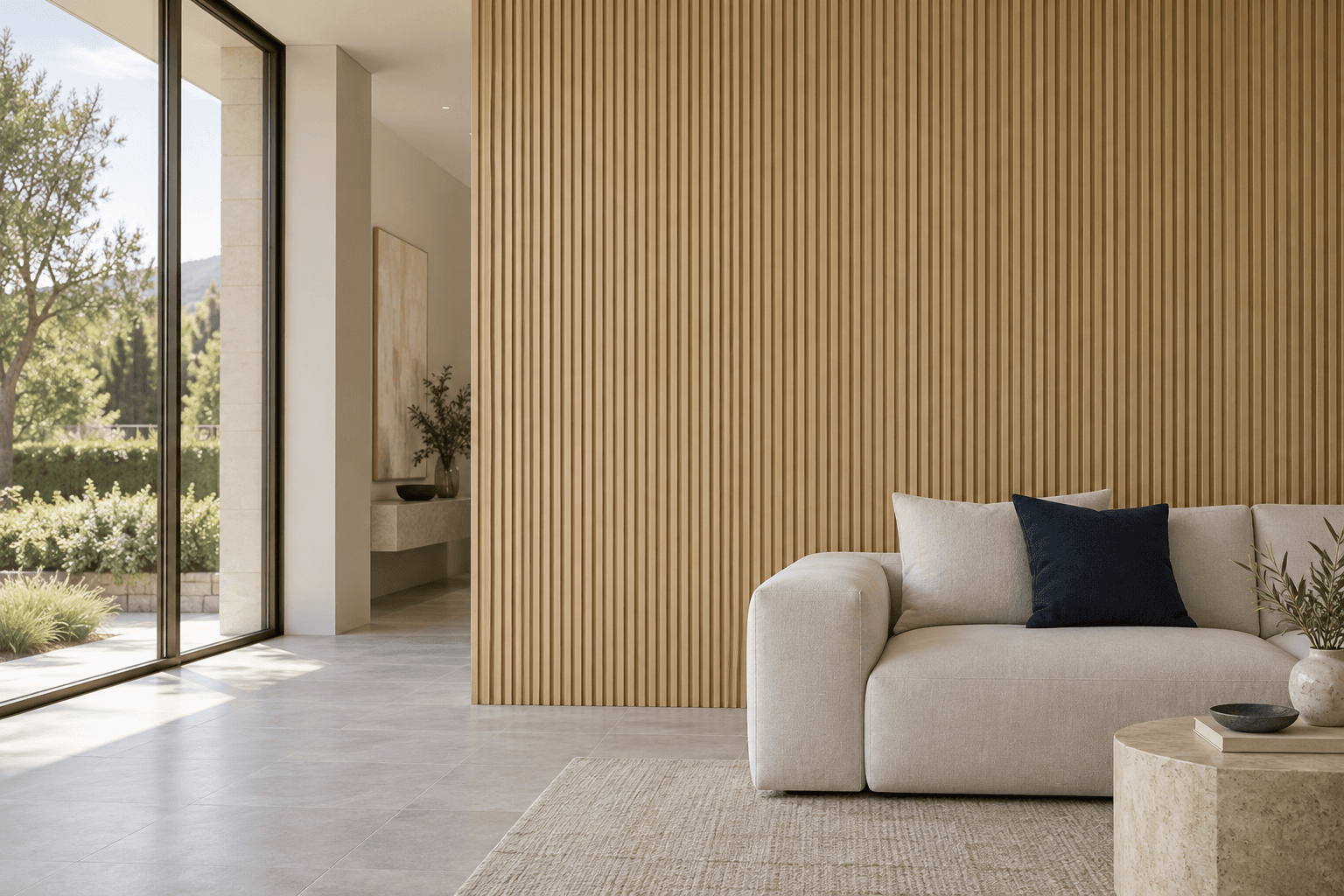 Pale oak fluted wall panels in a contemporary living room