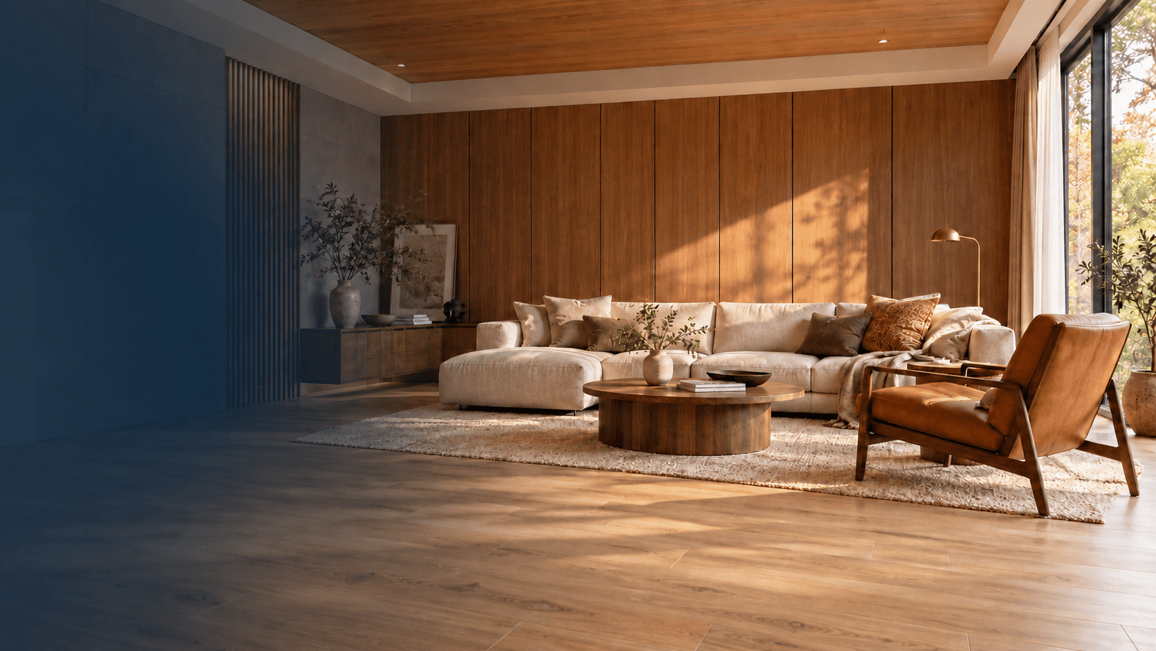 Warm living room with decorative wood walls, a wood ceiling and flooring, a cream sofa and a leather armchair.
