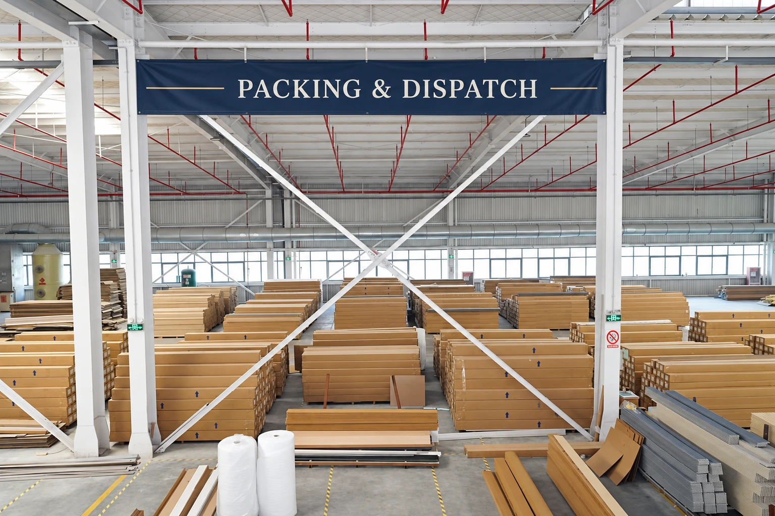 Rows of long WPC cartons in a warehouse, shown in an AI-retouched reference photo.