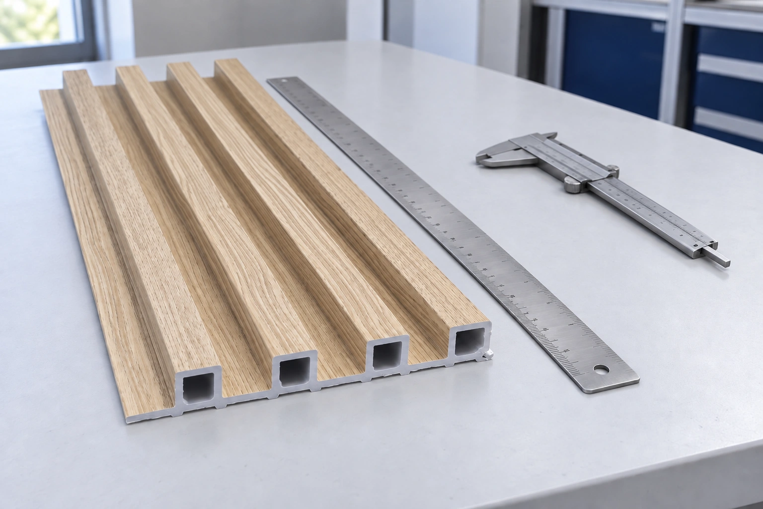 Photo-based illustration of a four-rib woodgrain WPC panel with a thin grey base, alongside a steel ruler and vernier caliper.