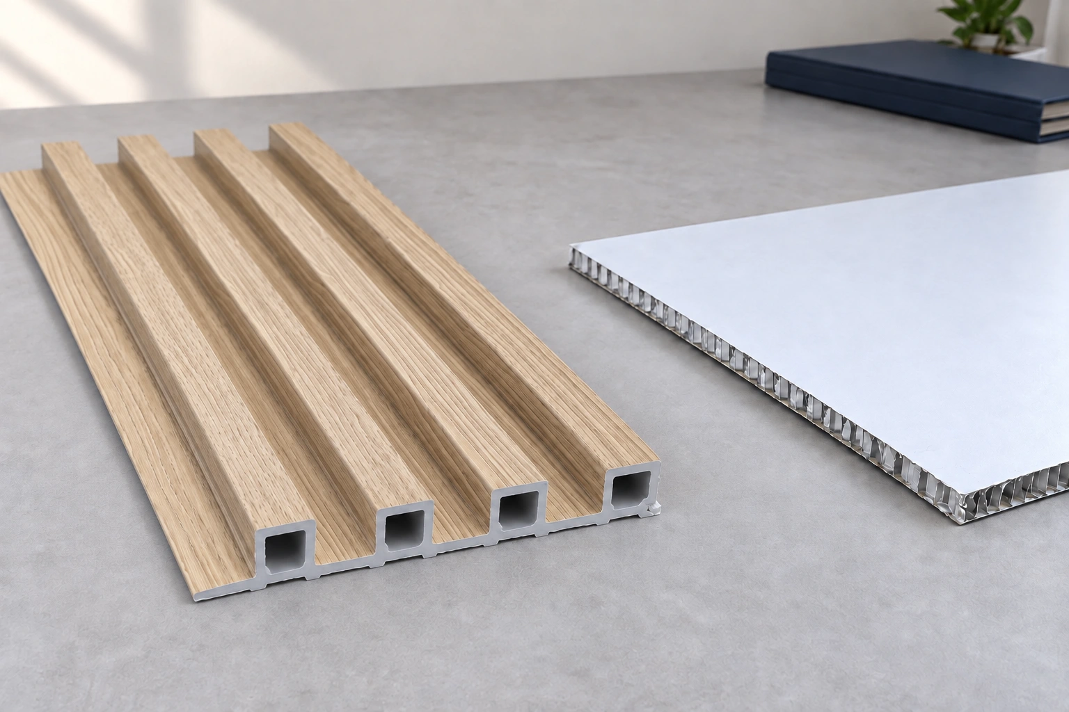 Photo-based illustration of a four-rib woodgrain WPC sample and a thin white-faced honeycomb panel on a sample table.
